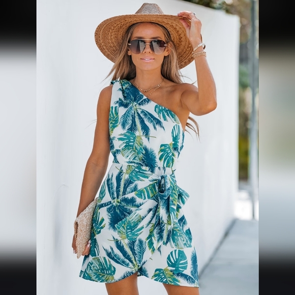 Cupshe One-Shoulder Tropical Dress in Blue and Green - Picture 4 of 14